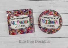 two book covers that have different colored sprinkles on them with the title composition book miss smithie