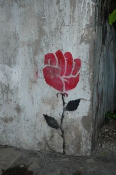 a red rose painted on the side of a concrete wall