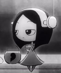 a cartoon character holding a wine glass in her hand