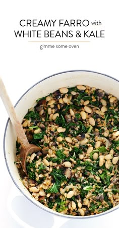 white beans and kale in a pot with a wooden spoon on the side text reads creamy fard with white beans & kale