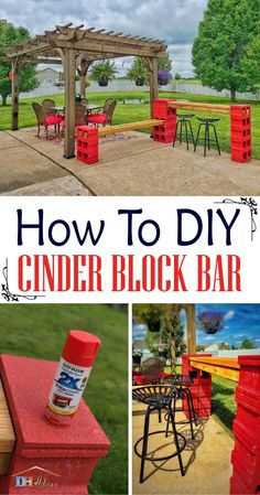 an outdoor bar made out of cinder blocks with text overlay that reads how to diy cinder block bar