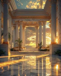 an empty building with columns and pillars in the background at sunset or sunrise, as seen from inside one of the buildings