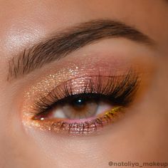 Dazzle 'em with this metallic warm pinky rose gold 💖 Rust Color Makeup, Orange Glitter Eye Makeup, Flame Inspired Makeup, Orange Prom Dress Makeup, Whimsical Makeup Brides, Sunrise Makeup Looks, Red Gold Eye Makeup, Prom Makeup Orange, Fun Wedding Makeup