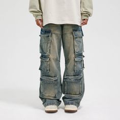 BONELESS Spliced Multi-Pocket Faded Cargo Pants, premium urban and streetwear designers apparel on PROJECTISR.com, BONELESS Cargo Pants Pocket Design, Ripped Cargo Pants, Blue Jeans Outfit Men, Anarchy Symbol, Mens Cargo Pants, Jeans Outfit Men, Blue Jean Outfits, Mens Casual Outfits Summer, Vintage Aesthetics