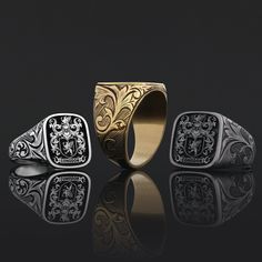 Handmade Family Symbol Ring, Family Crest Ring, Family Name Ring, Personalized Engraved Family Ring, Customizable Name Coat of Arms Ring Product Details: ✅Material: 925 Sterling Silver, Gold Coating,  Black Rhodium Coating ✅Ring Size: Available in various sizes (please refer to our sizing chart) ✅Dimensions: 17mm Large, 16mm Medium, 15mm Small ✅ Weight: ±13gr Large, ±12 Medium, ±7gr Small 🛡️ Discover our custom coat of arms jewelry, a symbol of heritage made uniquely yours! 🌟💍 Choose your family crest and let us bring it to life with expert craftsmanship. 🖌️✨ Our artisans create stunning pieces in silver, gold coating, or rhodium coating, tailored to your preferences. 💫🔒 With attention to detail and a touch of elegance, our jewelry collection includes signet rings, pendants, and brac Arms Jewelry, Family Crest Ring, Family Crest Rings, Family Symbol, Family Ring, Family Monogram, Family Rings, Arm Jewelry, Name Ring