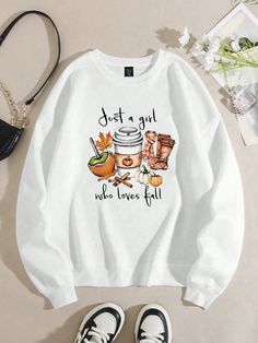 Plus Size Women's Just A Girl Who Loves Fall Pumpkin Spice Latte Sweatshirt, Fall Clothes White Casual  Long Sleeve Knitted Fabric Cartoon,Letter,Plants,Slogan Pullovers Slight Stretch Winter,Fall/Winter Women Plus Clothing, size features are:Bust: ,Length: ,Sleeve Length: Fall Hoodies Women, Fall Theme Outfits, Cute Cartoon Print Fall Sweatshirt, Cheap Cozy Fall Sweatshirt, Cheap Cat Print Sweatshirt For Fall, Fall Kawaii Graphic Print Sweatshirt, Fall Crew Neck Sweatshirt With Cat Design, Tops Fall Outfits, Simple Sweatshirt