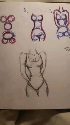 the drawing shows three different types of women's bras and one is drawn on paper