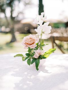 some pink and white flowers sitting on top of a table in the sun with trees in the background