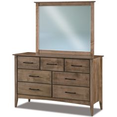 a dresser with a mirror on top of it and drawers below the drawer, in front of a white background