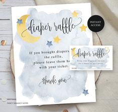 two watercolor cards with the words, diaper raffle and thank you written on them