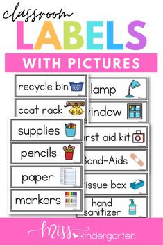 classroom labels with pictures and words to help students learn how to use them in the classroom