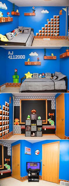 the room is decorated in blue and has mario's house on it, as well as shelves with video game memorabilia