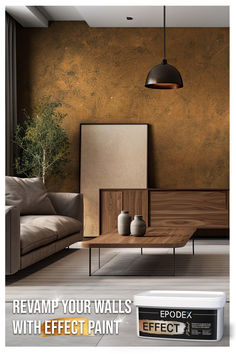 a living room scene with focus on the coffee table and wall paint advertisming