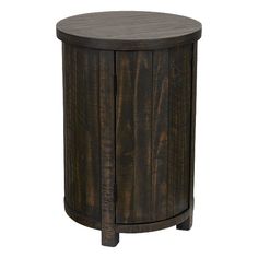 the side table is made out of wood and has a round top with two legs