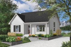 this is an artist's rendering of a small house in the country side yard