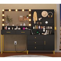 a vanity with lights on it in front of a mirror and shelves filled with items