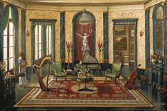 a painting of a living room filled with furniture and paintings on the walls, along with a harp