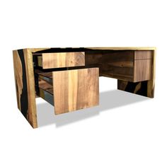 the desk is made out of wood and has two drawers on one side, and an open drawer on the other