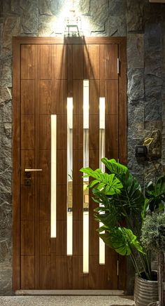 a large wooden door with glass panels and plants in the foreground on a stone wall