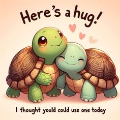 there's a hug between two turtles on top of each other with hearts in the background