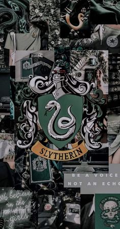 a collage of harry potter crests and other things in green, white, and black