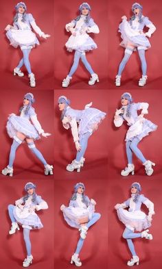 many different poses of a woman in blue and white