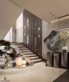 a bonsai tree sits in the center of this modern living room with white walls and flooring