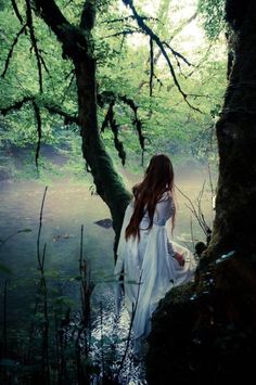 a woman is standing in the water near a tree