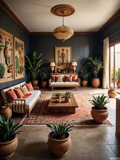 a living room filled with lots of furniture and plants