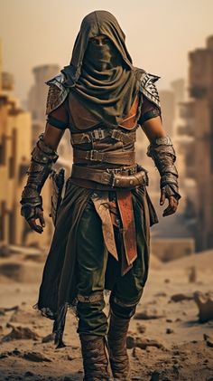 a man dressed in armor walking through the desert