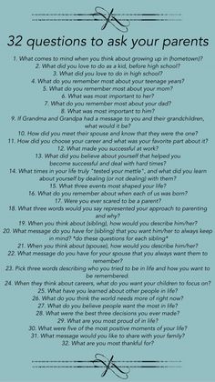 a blue poster with the words 32 questions to ask your parents on it's back