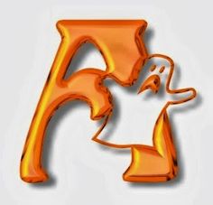 the letter f is made up of orange foil balloons with an image of a ghost