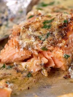 a piece of cooked salmon with herbs on it