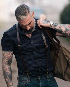 Oregon Fashion, Daniel Sheehan, Affordable Handbags, Pinstripe Shirt, Mens Rugged, Silver Foxes, Leather Suspenders, Rugged Men, Mens Fashion Rugged