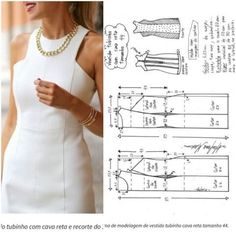 a woman wearing a white dress and pearls is shown next to an image of the sewing pattern