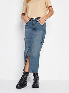 Pixiegirl petite denim utility midi skirt zip and button fastening,belt loops,side pockets,front split hem,made from a