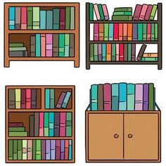 three bookshelves with different colored books on them