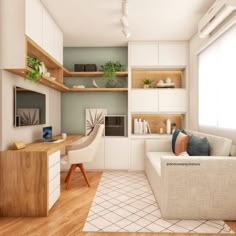 a living room filled with furniture and lots of shelves