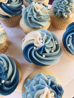 cupcakes with blue frosting and white icing are arranged on a plate