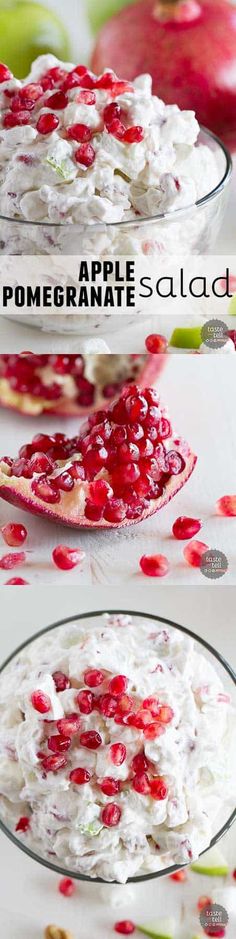 this is an image of some food in a glass bowl on a table with apples and pomegranates