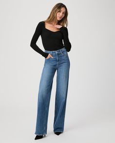 Sasha is our new high-rise wide leg with a loose, relaxed column fit. This pair is cut from our PAIGE VINTAGE denim in light wash with lived-in details and an extended coin pocket. PAIGE VINTAGE takes all of the work out of breaking in your favorite pair of vintage jeans. We've combined the comfort of stretch with everything you love about authentic vintage denim to create super soft jeans that feel perfectly lived-in from the very first wear. | PAIGE Women's Sasha Wide Leg Jean - Stefania Distr