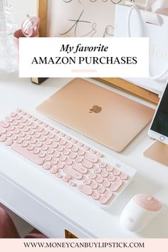 an apple computer sitting on top of a white desk next to a pink keyboard and mouse