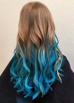 Light Brown Hair With Blue Highlights, Blue And Brown Hair, Blue Dip Dye Hair, Blonde Dip Dye, Kelly Hair, Dipped Hair, Blonde Dye, Dyed Tips