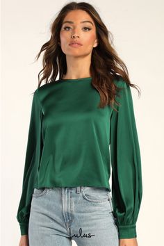 Whatever the day may bring, you'll conquer it looking like an absolute babe in the Lulus Feeling Excellent Emerald Green Satin Long Sleeve Top! Sleek woven satin shapes this chic blouse that features a round neckline and a relaxed bodice, all framed by long sleeves with button cuffs. A cute, keyhole cutout with a top button at the back completes this classy top! Fit: This garment fits true to size. Length: Size medium measures 21.75" from shoulder to hem. Bust: Great for any cup size. Waist: Not Satin Long Sleeve Top, Emerald Green Blouse, Top Satin, Lulu Fashion, Satin Long Sleeve, Chic Blouses, Comfortable Room, Green Satin, Green Tops