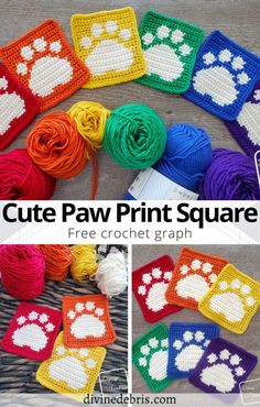 crochet paw print square is shown in different colors