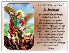 an image of the saint michael and his angel on top of a mountain with words written below