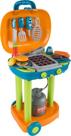 an orange and blue toy grill with tools in it