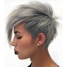 trendy short gray pixie hairstyle with bangs Pixie Cuts For Oval Faces, Haircuts Emo, Short Hair Gray, Long Asymmetrical Haircut, Grey Pixie Hair, Pixie Mohawk, Gray Pixie, Short Pixie Cuts, Asymmetrical Haircut