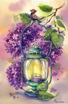 a watercolor painting of a lantern and lilacs with a bird on the top