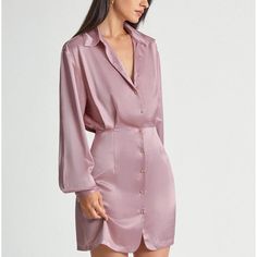 Pink Satin Long Sleeve Collared Button Front Shirt Dress Size Small Brand New, Never Used, With Tags Attached The Dress Is A Little Wrinkled In My Photos From The Packaging But Can Easily Be Washed Out. The Dress Itself Is Beautiful! Well Made, Very Soft, Silky Feeling Material. The Color Is Shiny And Vibrant Just Like The Photos, As Is The Fit. Composition: 97% Polyester, 3% Elastane Semi-formal Button-up Dress With Button Cuffs, Classic V-neck Shirt Dress With Button Closure, Elegant V-neck Shirt Dress With Button Closure, Feminine Button-up Dress For Date Night, Chic Button-up Mini Dress With Covered Buttons, Elegant Long Sleeve Shirt Dress For Date Night, Elegant Pink V-neck Shirt Dress, Daywear Shirt Dress With Button Closure, Classic Long Sleeve Mini Dress For Daywear